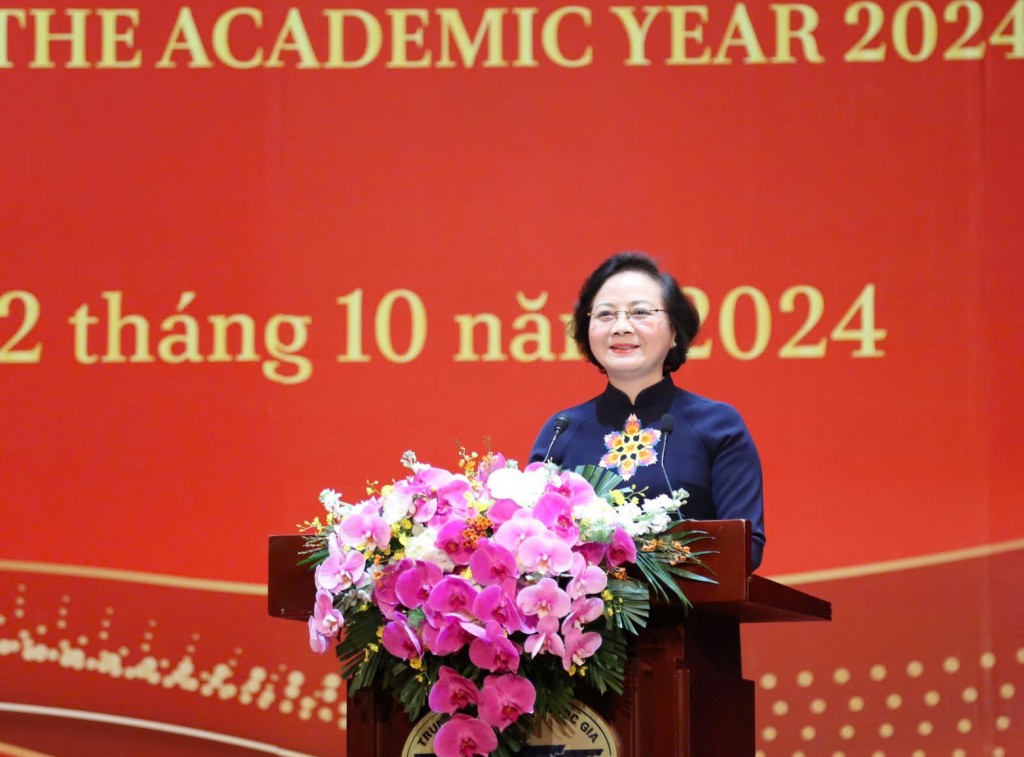 H.E. Pham Thi Thanh Tra, Member of the Party Central Committee, Minister of Home Affairs, delivering remarks at the opening ceremony.