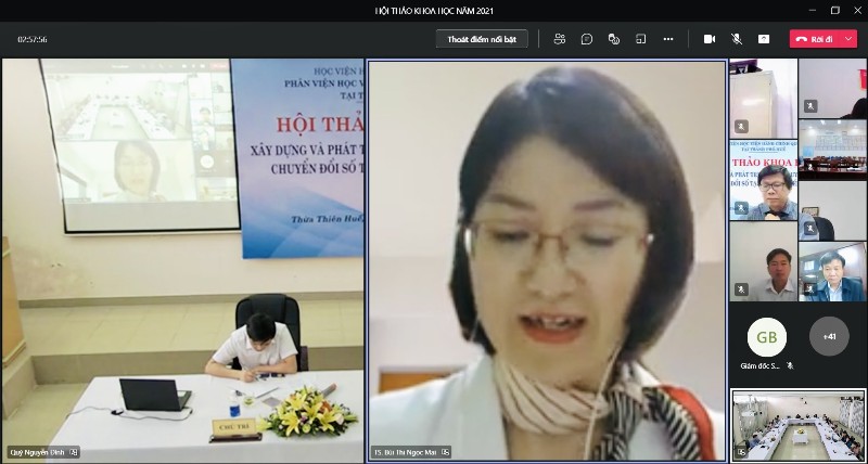 TS. Bùi Thị Ngọc Mai – Khoa Khoa học hành chính và Tổ chức nhân sự, Học viện Hành chính Quốc gia phát biểu tham luận tại điểm cầu trực tuyến